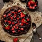 Pizza brownie with chocolate ganache and strawberries