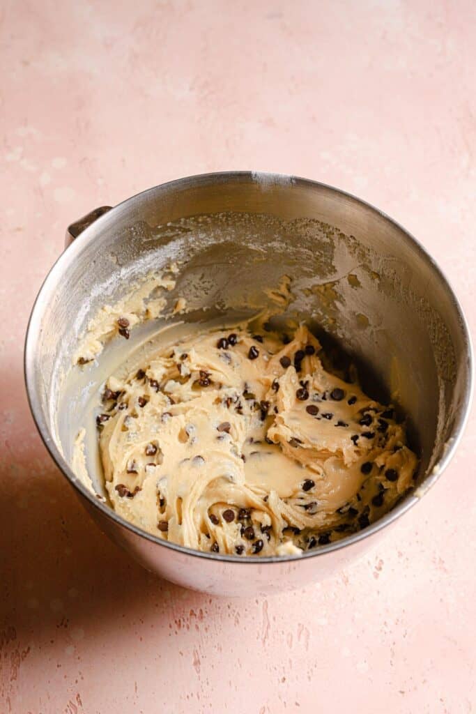 A mixing bowl with chocolate chips mandel bread dough,