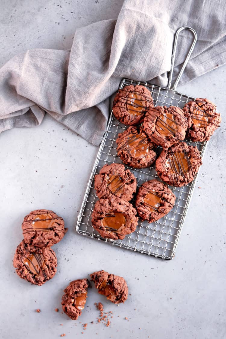 triple chocolate caramel thumbprint cookies