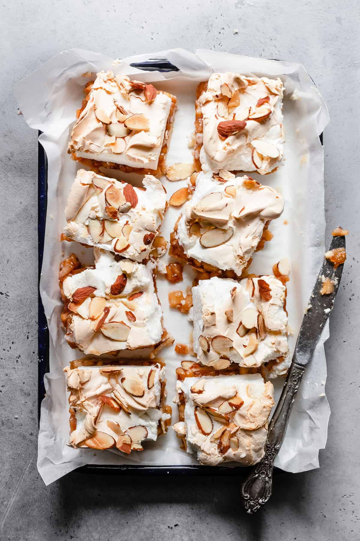 Apple bars topped with meringue.
