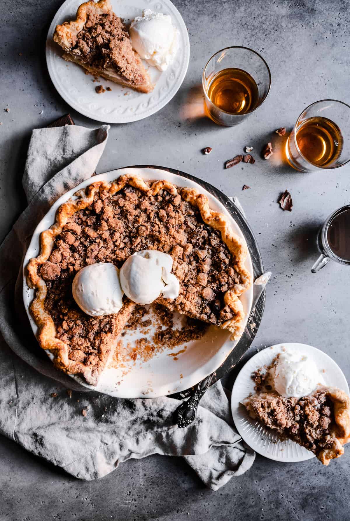 Pear pie with pecan cinnamon streusel topped with Tillamook ice cream.