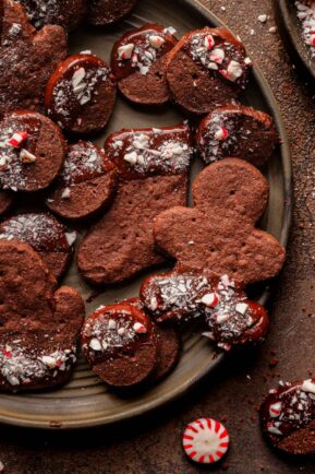 chocolate men cookies on a plate.