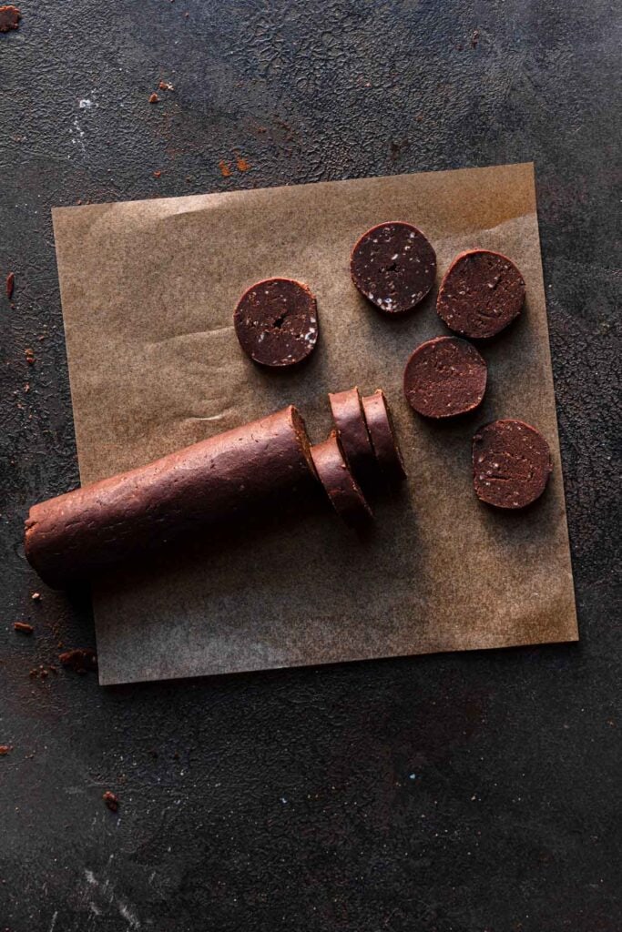 A cookie dough roll sliced.