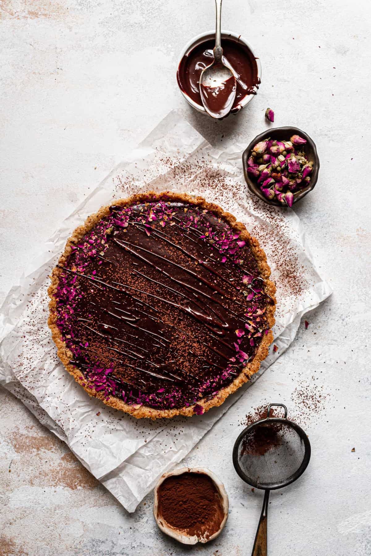 a tart decorated with dried flowers