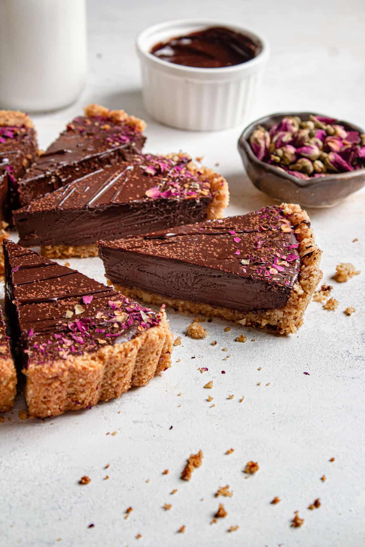 a close up to a piece of chocolate tart