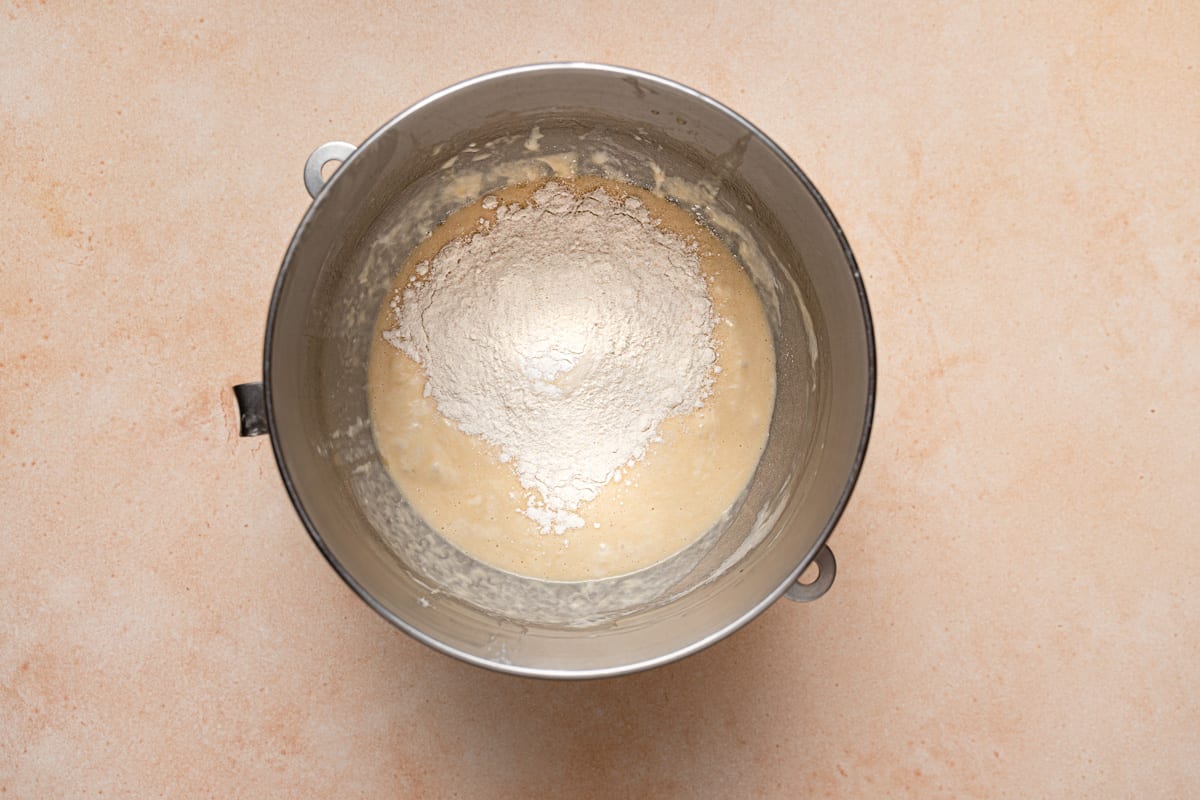 yeast sponge in a large bowl with flour