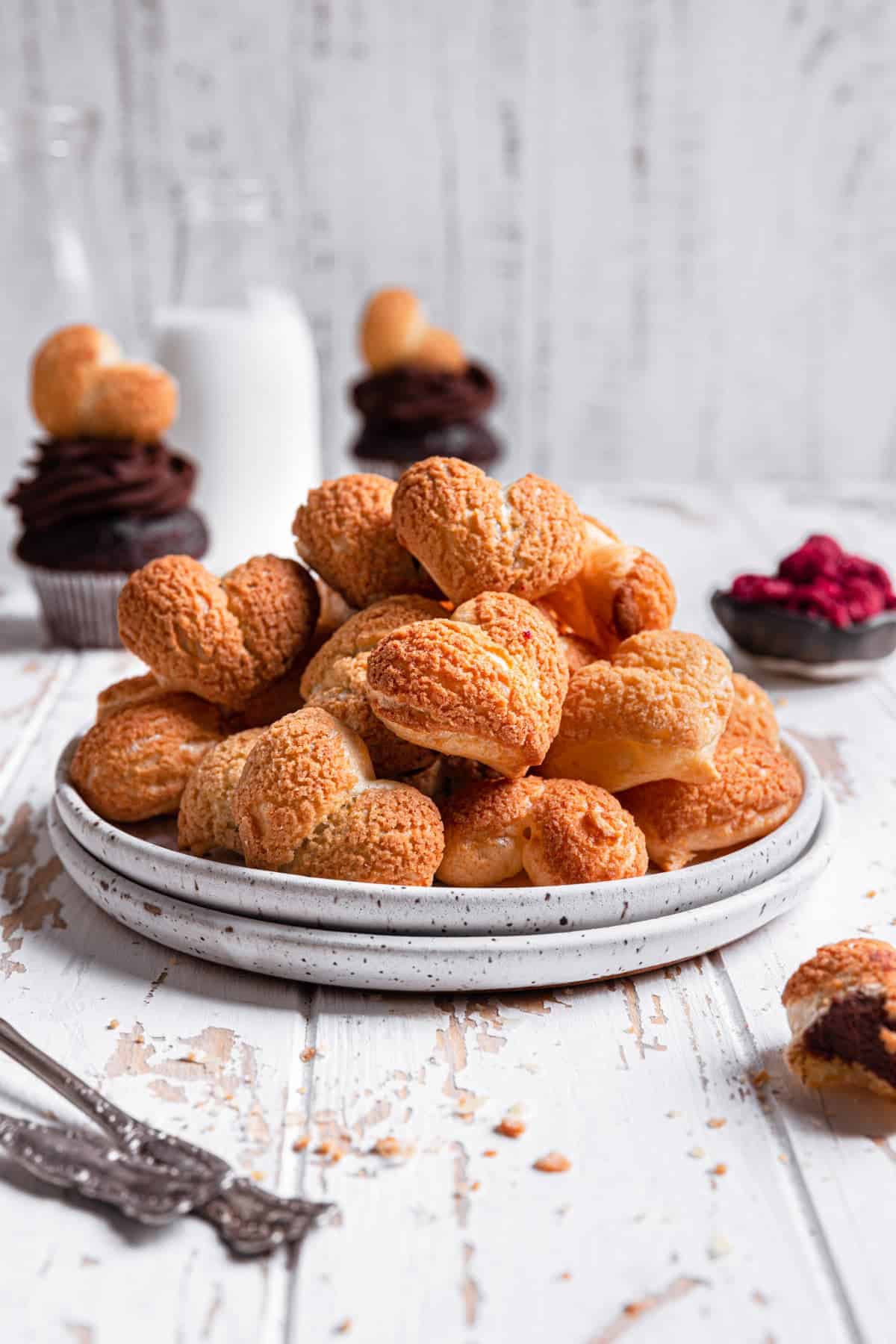 heart shaped Cream puffs filled with raspberry chocolate filling. 