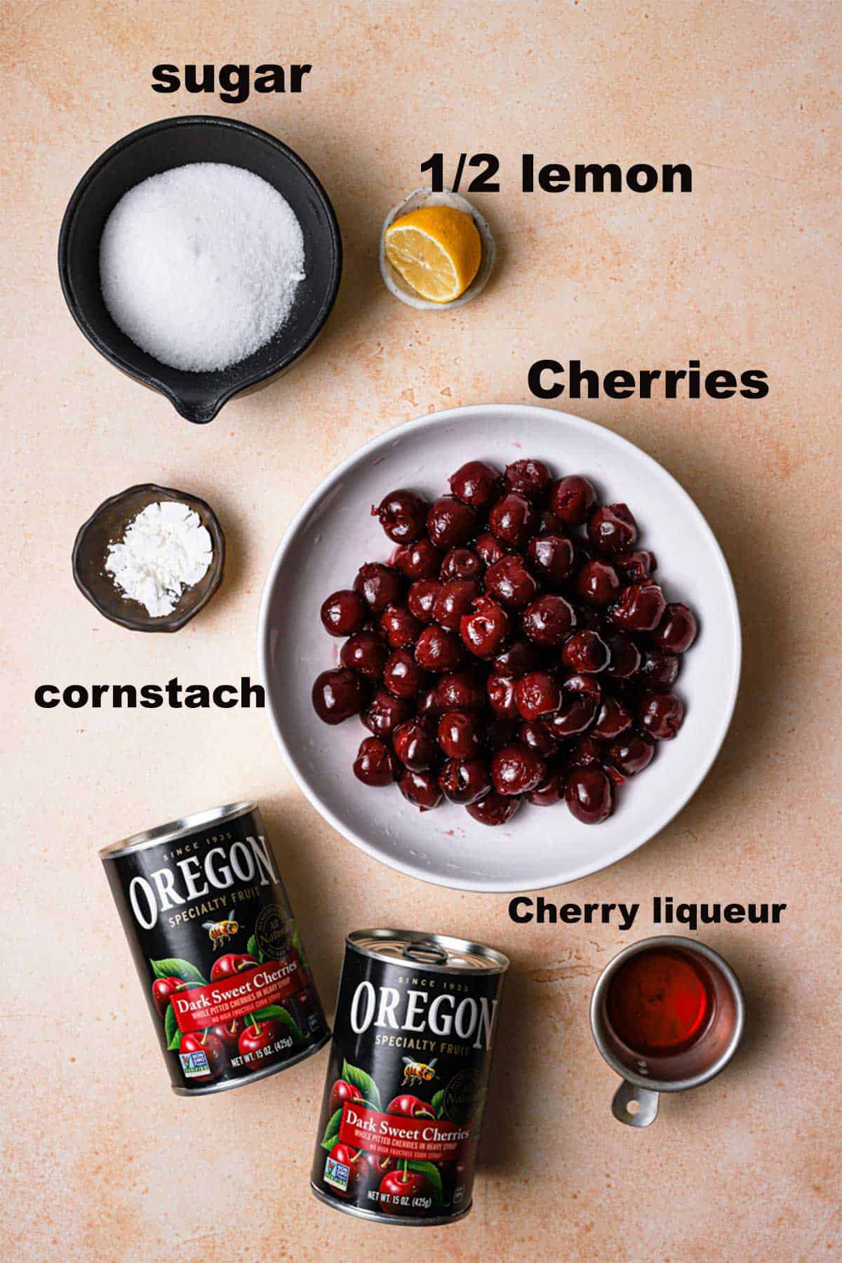 Ingredients list to make cheery filling for Black forest cupcakes recipe: pitted cherries, cornstarch, lemon juice, sugar and cherry liqueur