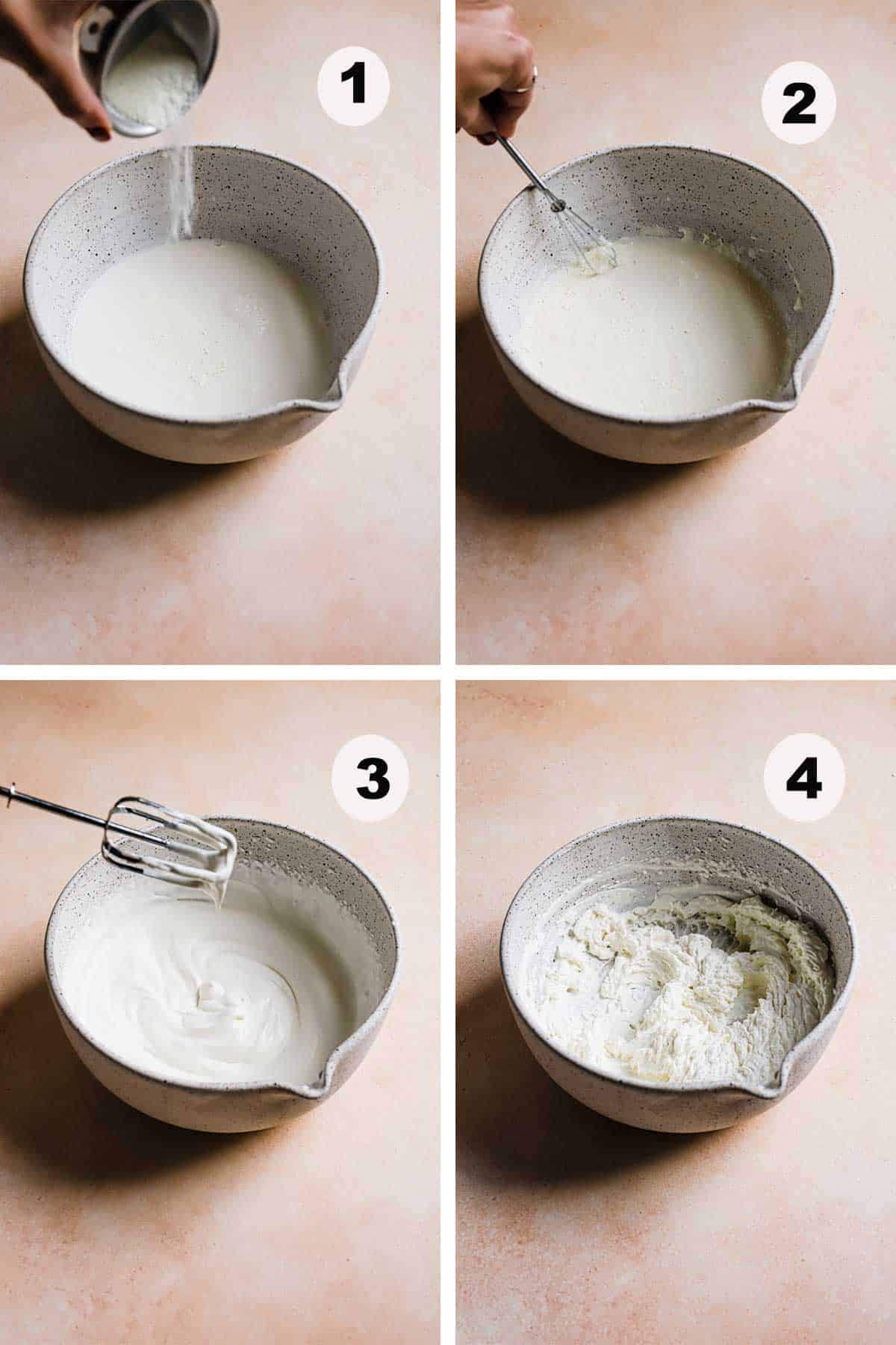 A step by step instruction how to make stabilized heavy cream. Sprinkle over dried milk powder and whip until soft pick forms. Add sugar and whip to stiff pick.