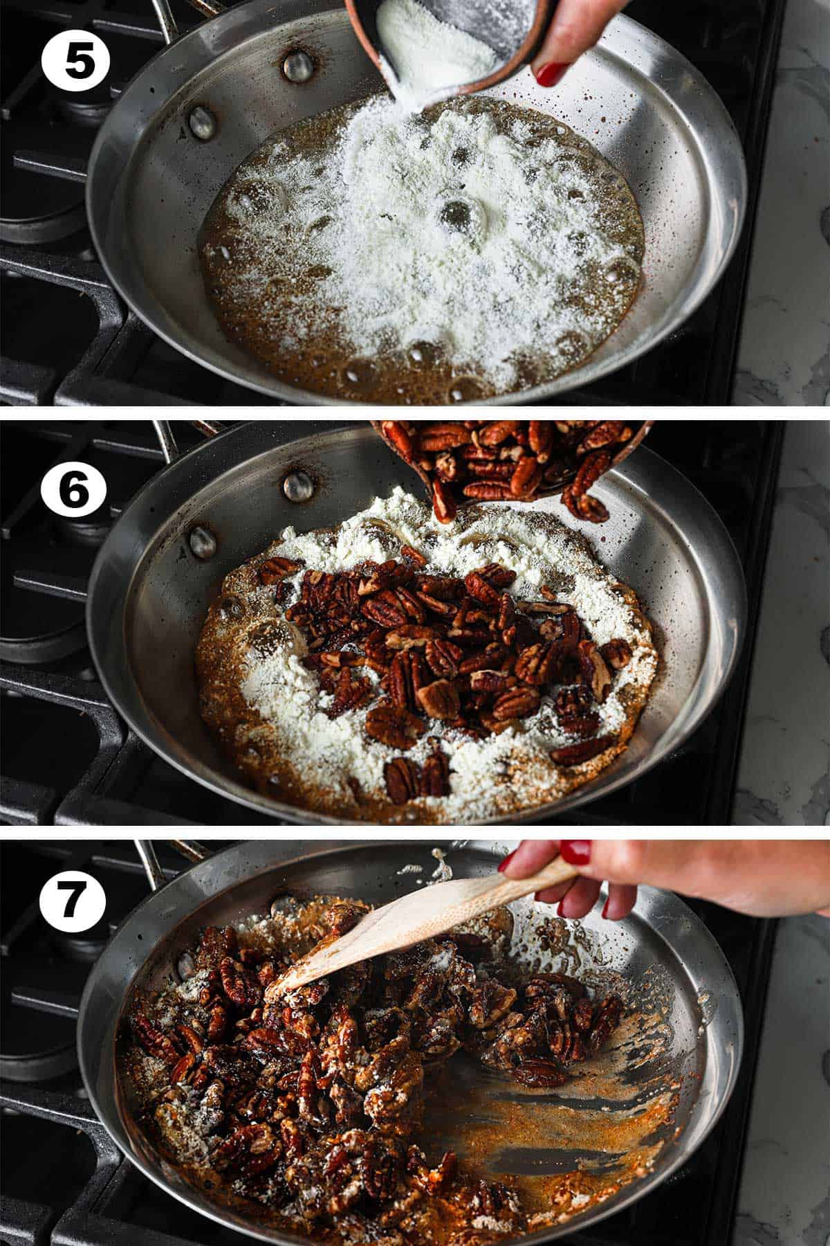 A step by step instruction on how to make caramelized nuts in a skillet. Add dried milk powder to the brown sugar or white sugar then add the pecans and stir.