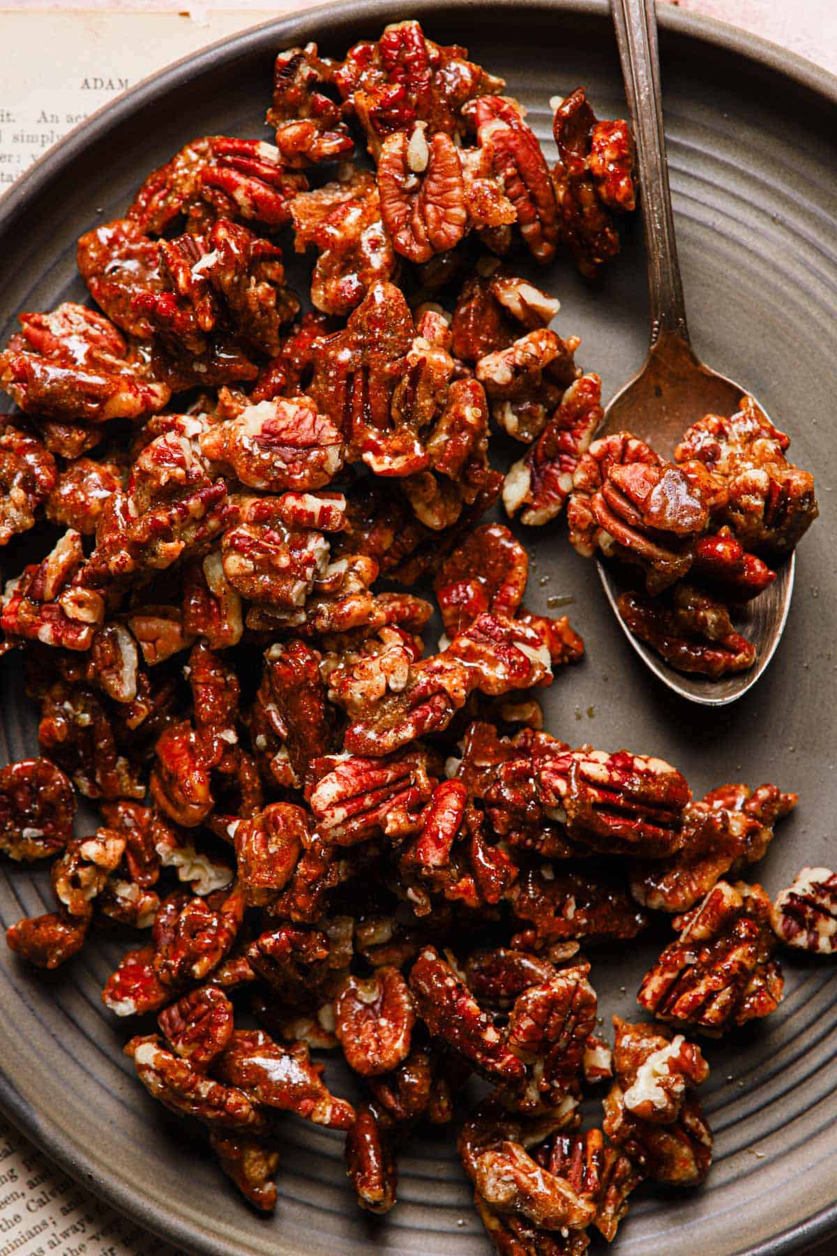 Caramelized pecans on a plate