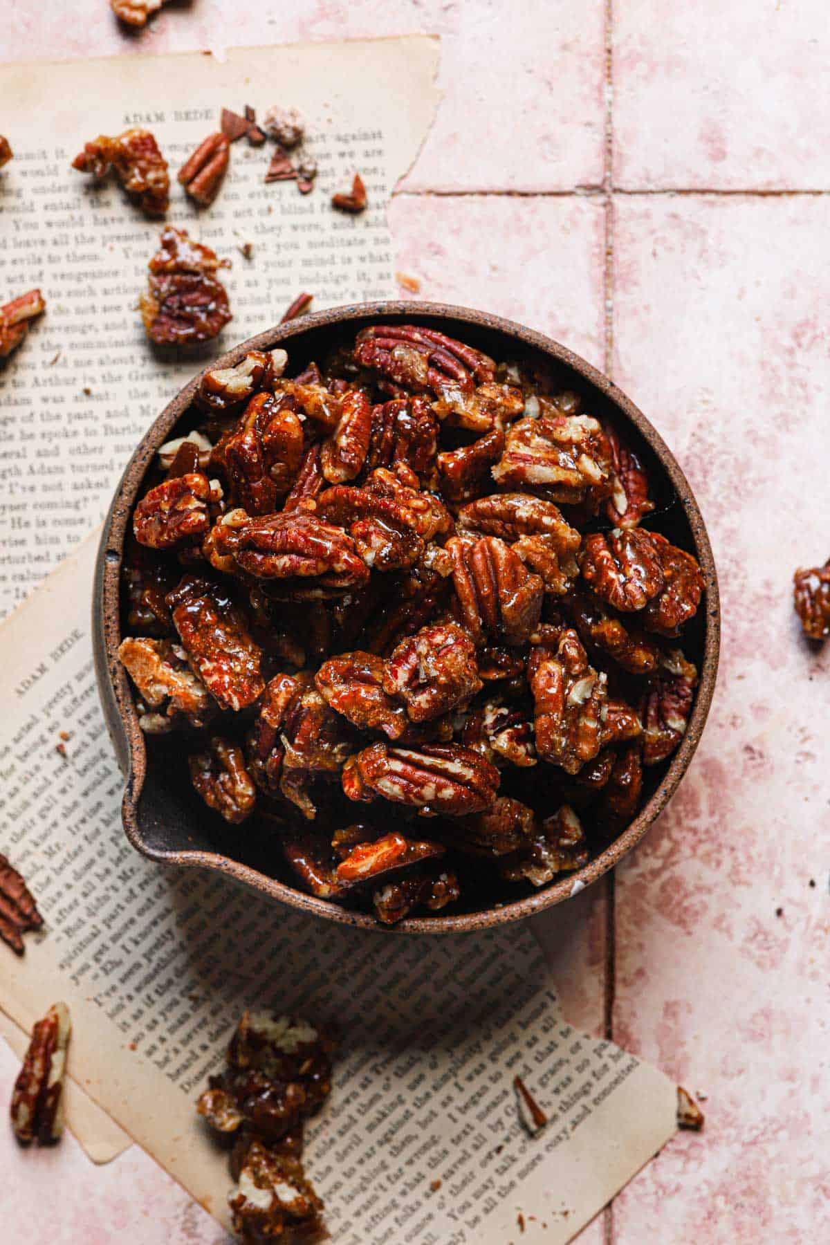 sugar coated pecans in a bowl.