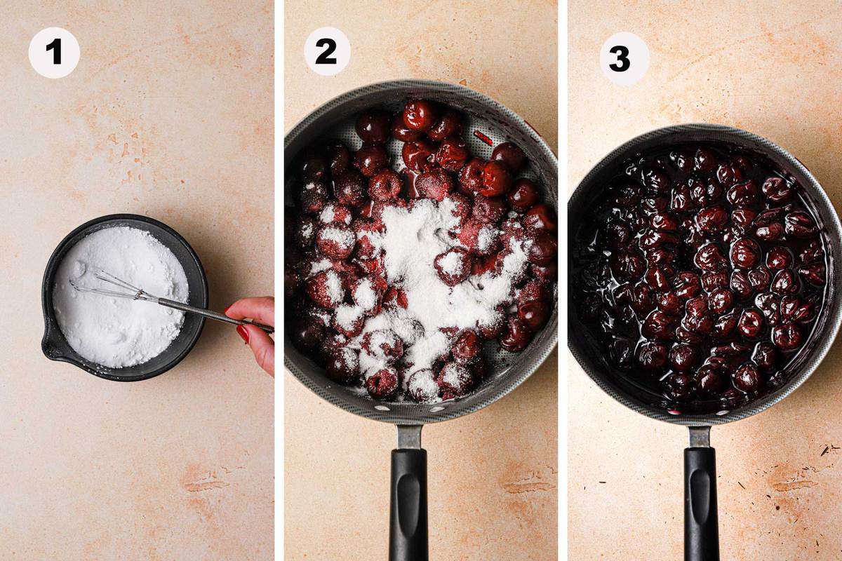 A step by step instruction how to make cherry filling for Black forest cupcakes. Mix sugar and cornstarch. Pour over cherries and cook for 15 minutes.