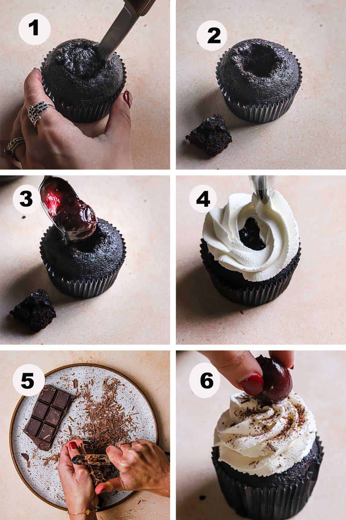 A step by step instruction how to fill and decorate black forest cupcakes including how to make a home made chocolate shavings. 