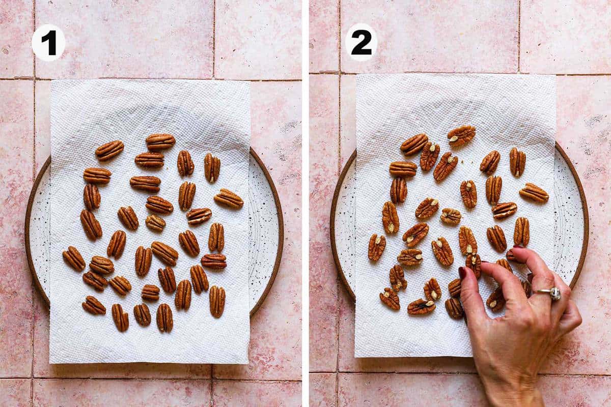 Roasting pecans in the microwave tutorial. Line a plate with paper towel and spread pecans in a single layer and microwave. Toss at the mid point.