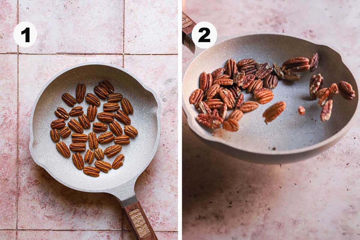 Pecans in a wide skillet, skillet tossing the pecans.