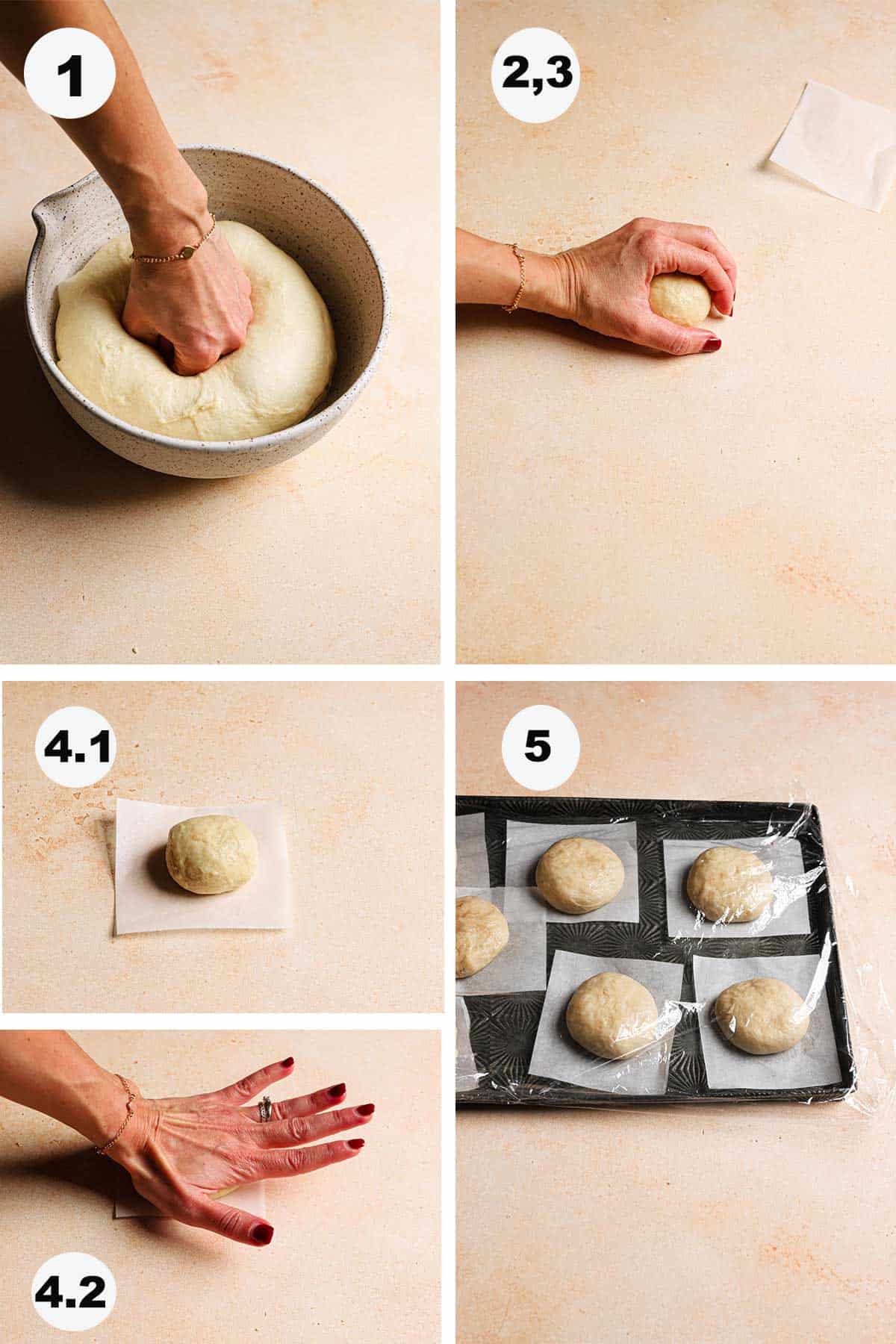 Hand punching dough, and rolling dough, dough on a piece of parchment paper, hand pressing dough down, rolled dough on a baking pan covered with parchment paper.