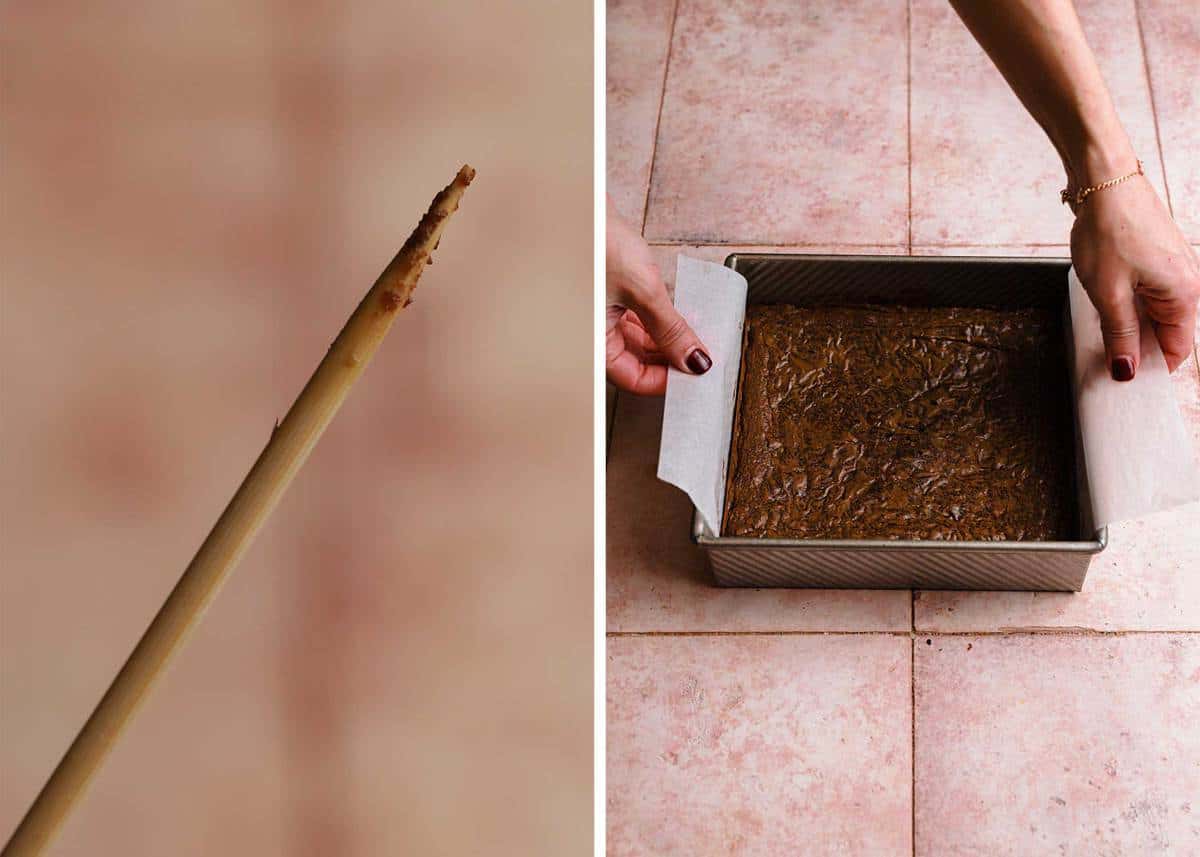 a tooth pick with moist crumbs. hands removing brownies from pan.