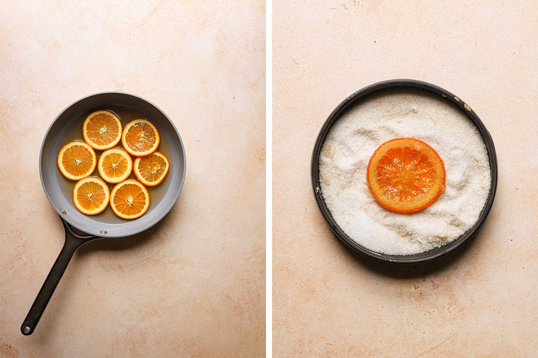 Orange slices in a wide skillet with water. Orange slice in a bowl full of sugar.