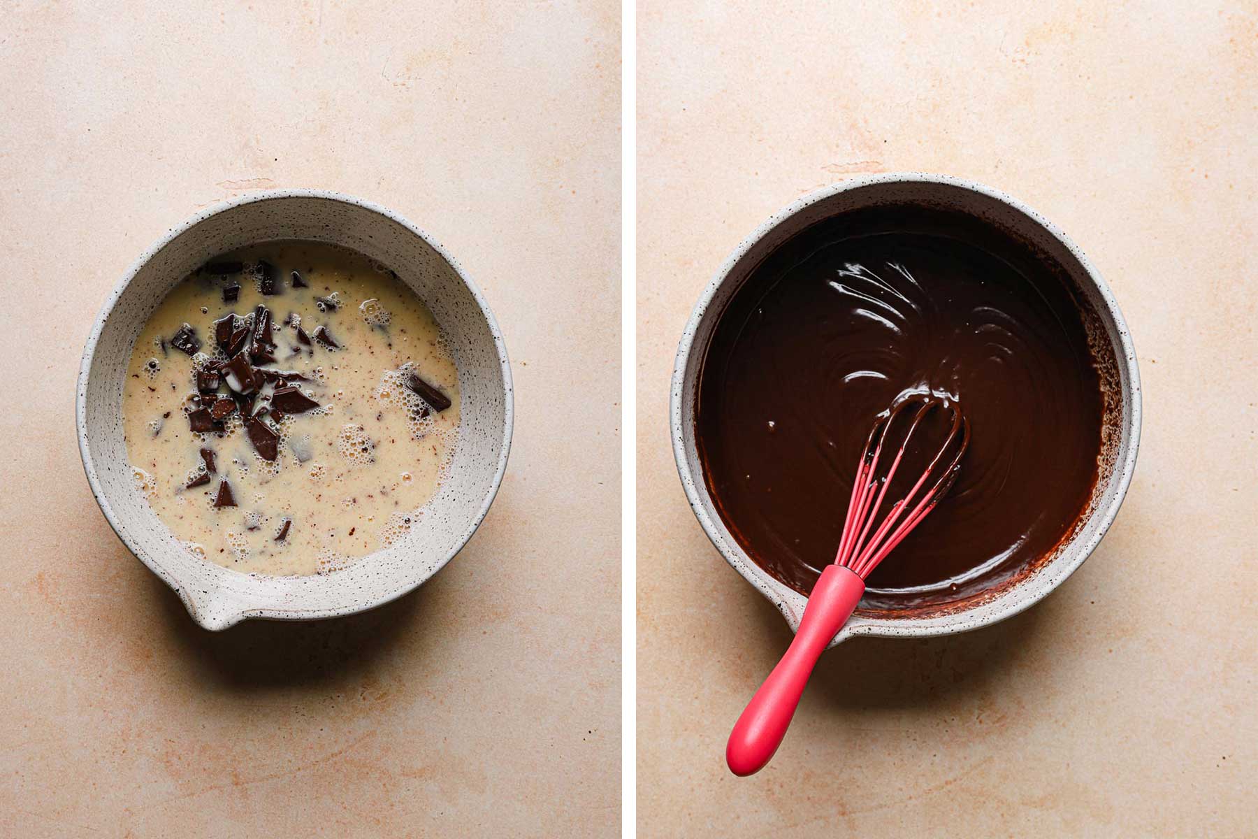 image collage: a bowl with cream and chocolate pieces. A bowl with smooth chocolate ganache and a whisk.