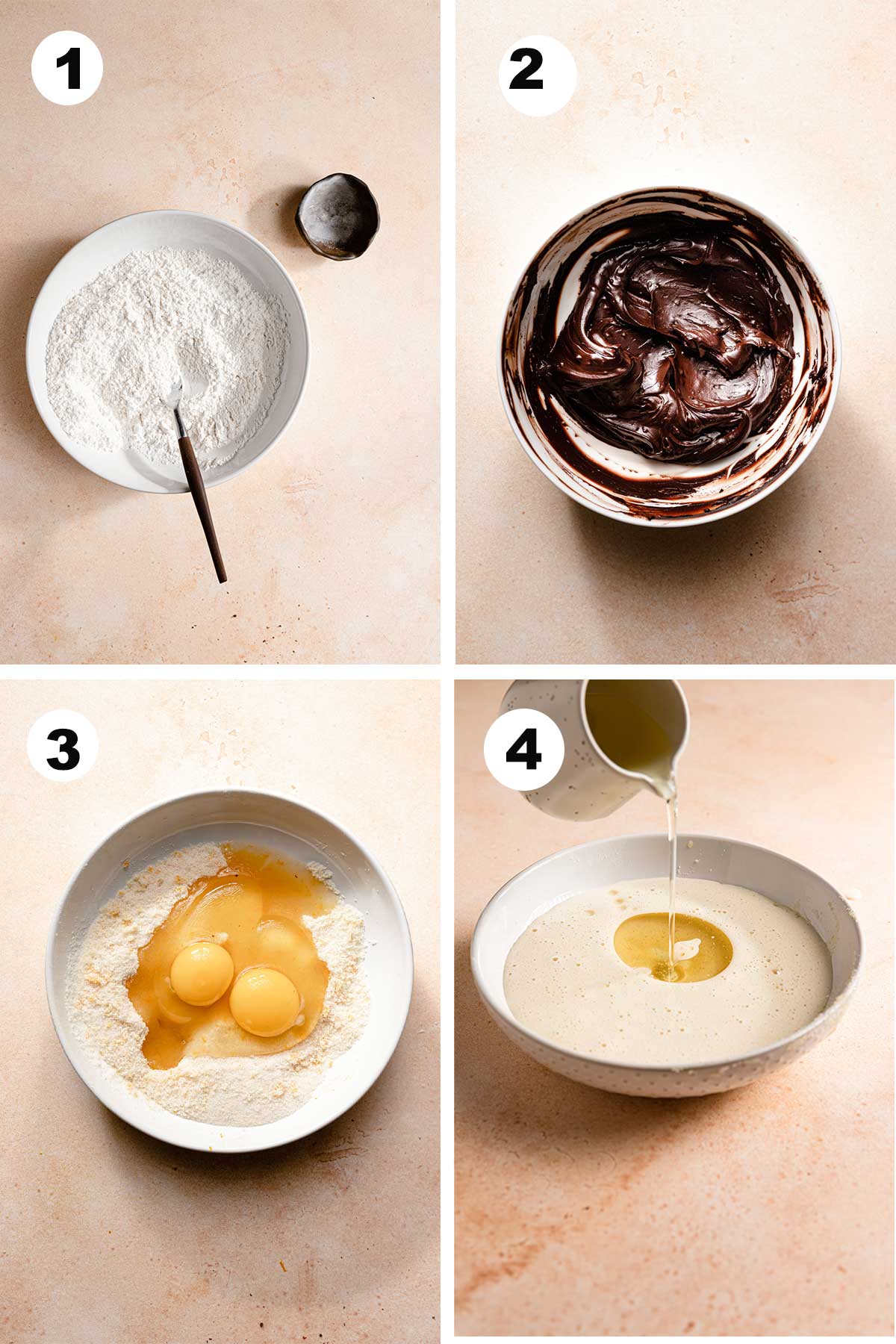 a collage, a bowl with flour, a bowl with chocolate mixture, a bowl with flour and eggs, oil drizzles into a bowl with batter
