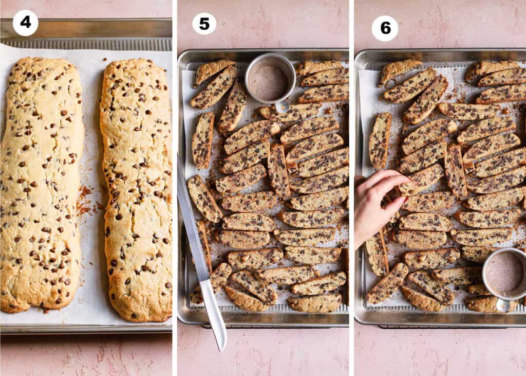 an image collage: two baked biscotti logs. sliced logs into cookies sprinkled with cinnamon sugar. a hand turning over the cookies