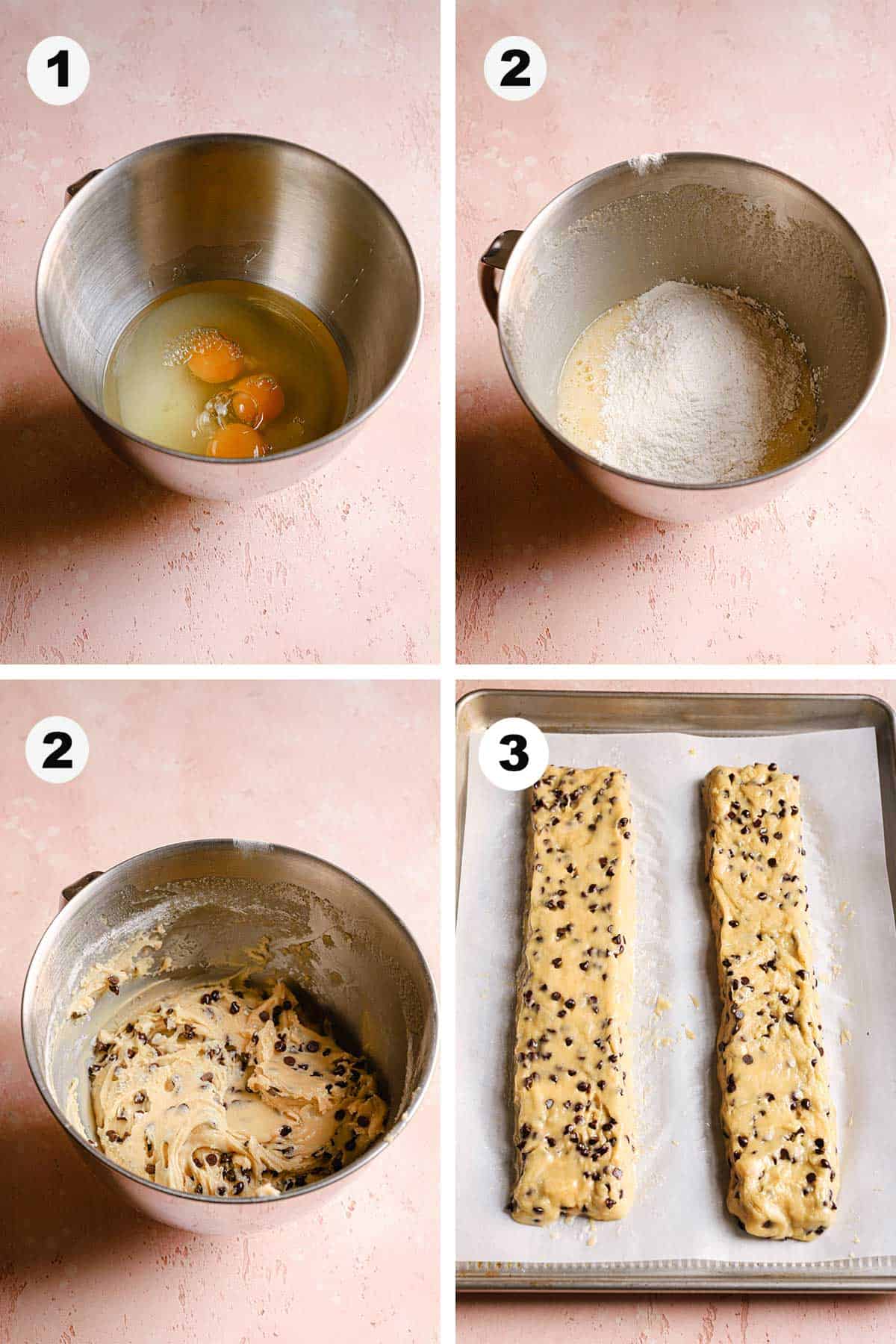 a collage: a bowl with sugar and eggs, a bowl with flour over mixture a bowl with dough, two biscotti logs in a pan