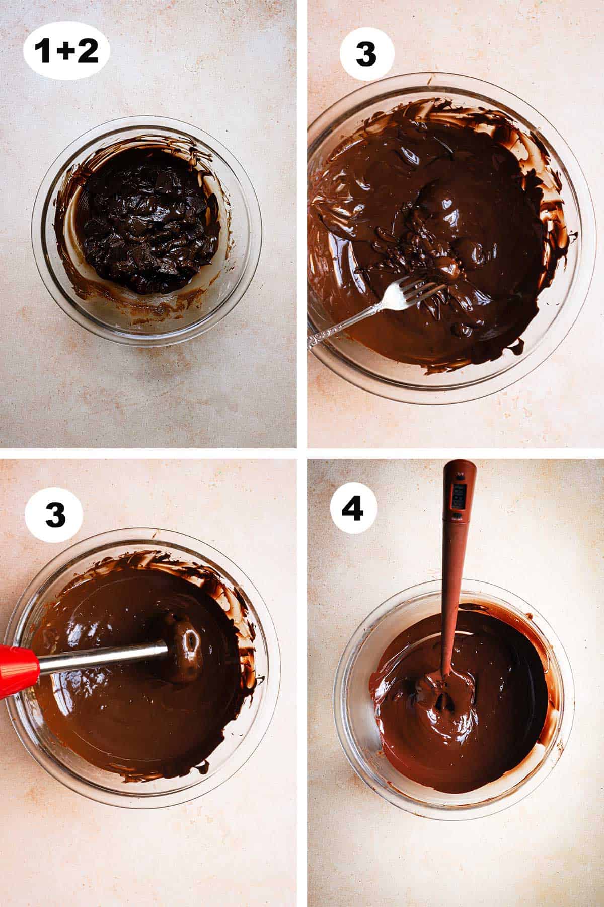 mostly melted chocolate in a bowl, a fork lifting a piece of unmelted chocolate, emergen blender in a bowl of melted chocolate, a spatula in a bowl of melted chocolate