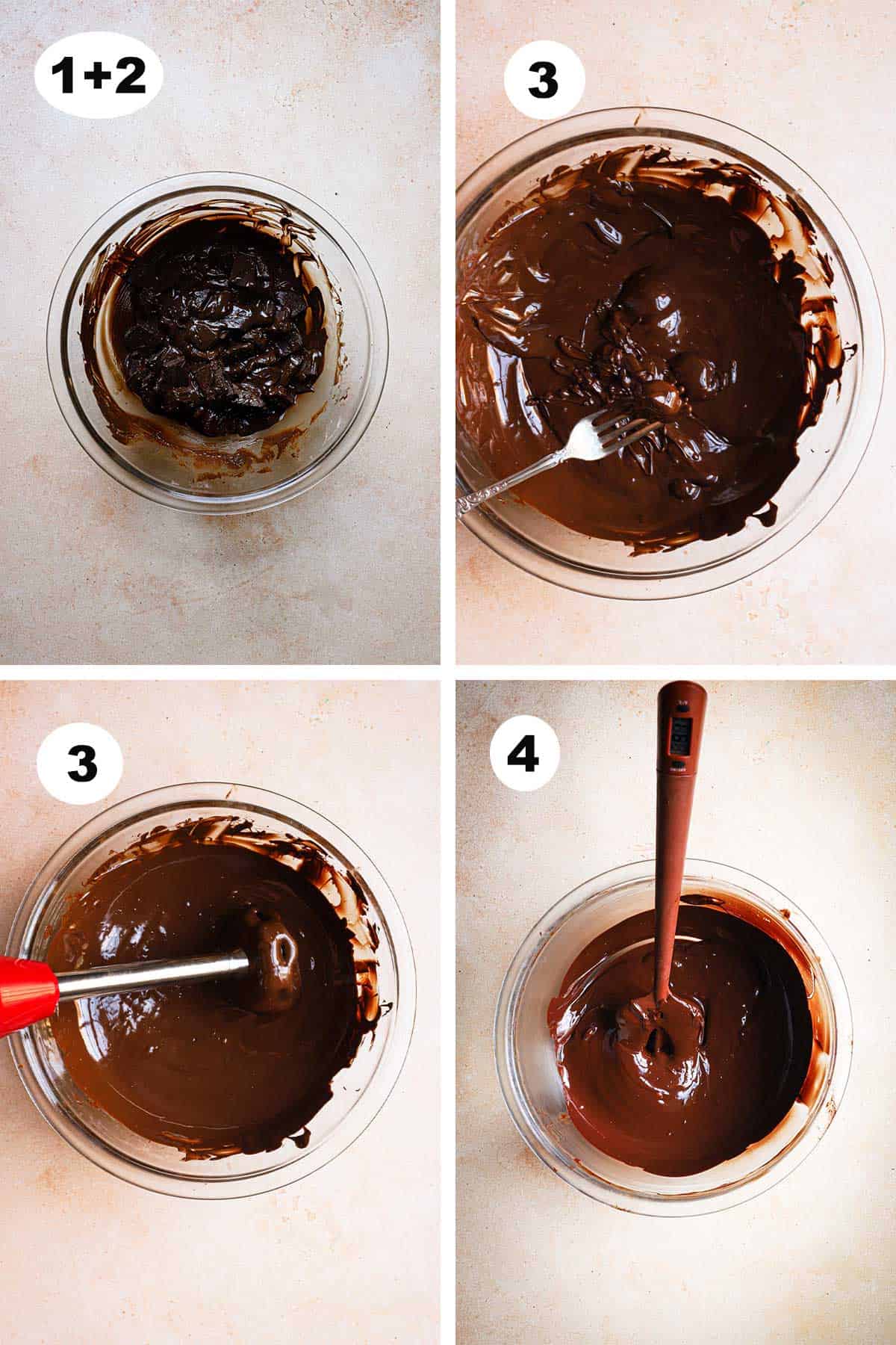 Steps to temper chocolate using a bowl.