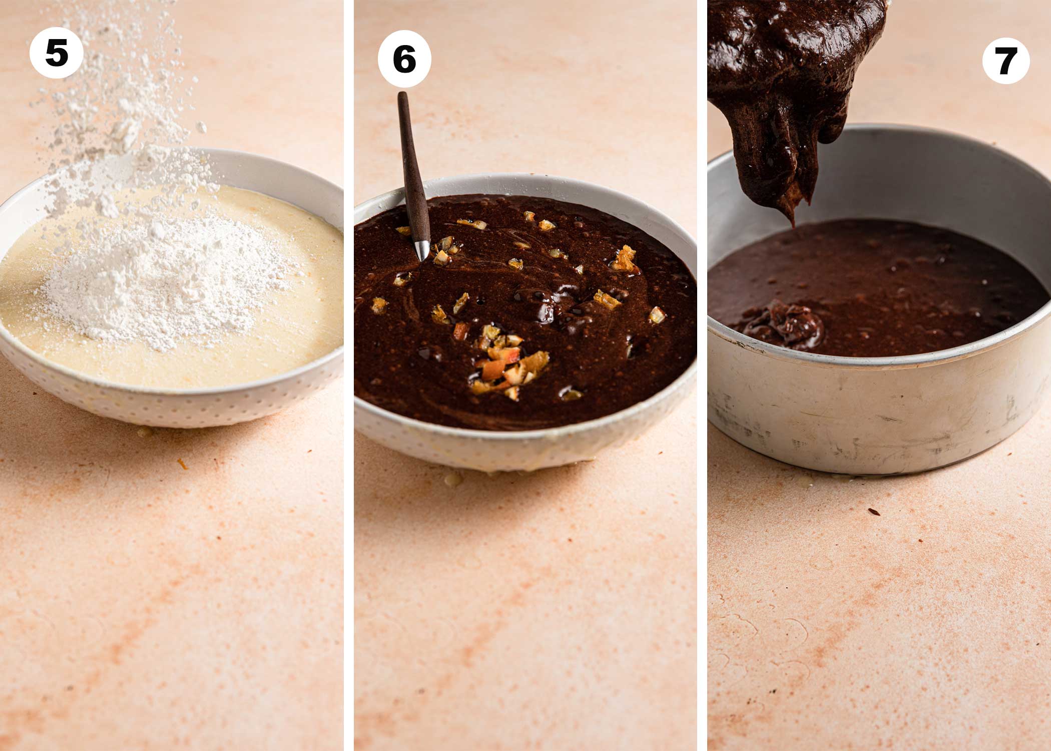 an image collage, flour on top of batter, chocolate mixture with candied orange pieces, batter poured into a pan