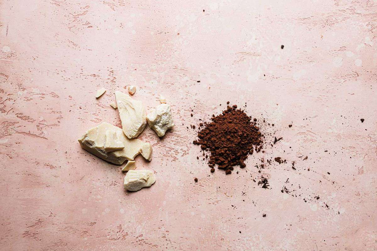 Cacao butter next to cocoa powder, the make up of unsweetened chocolate.