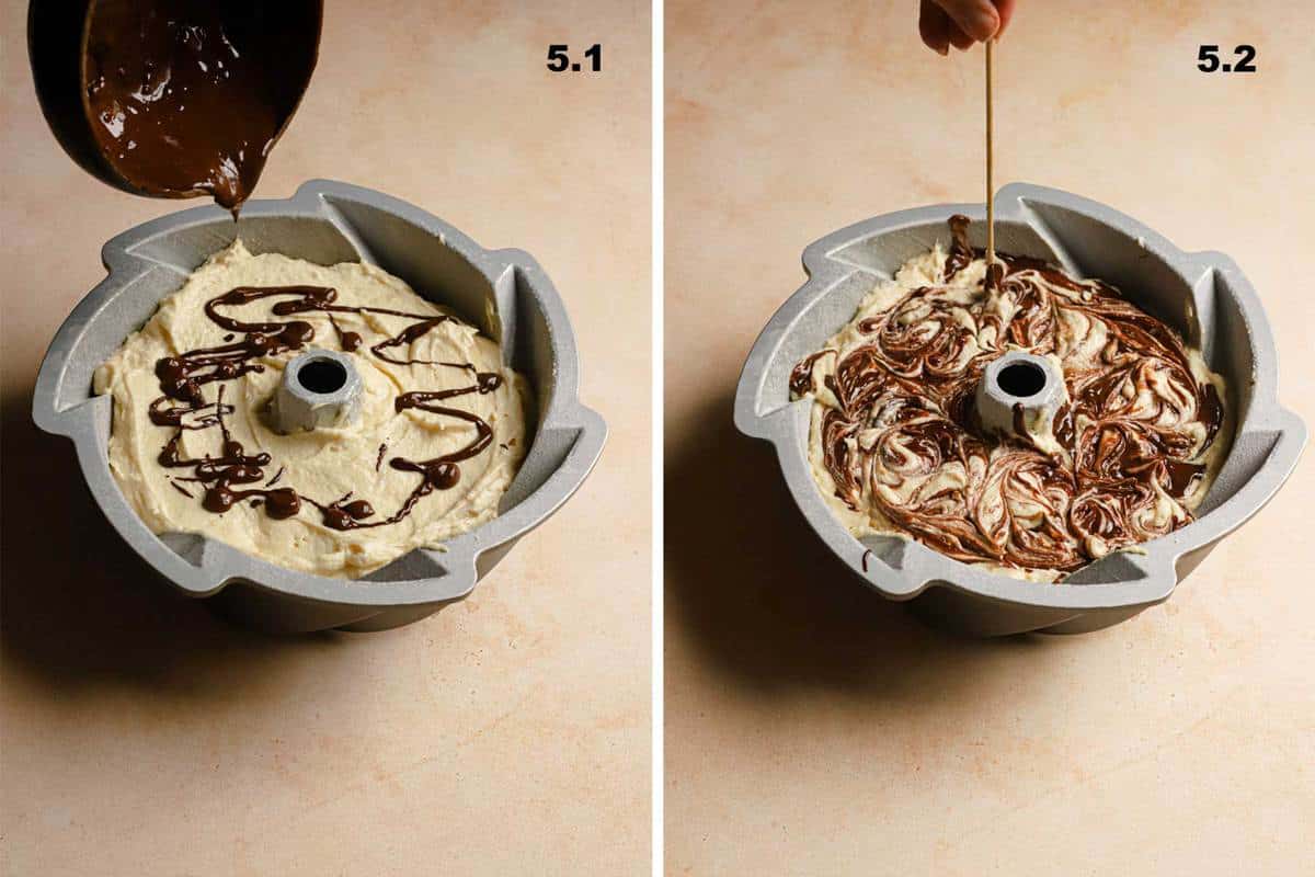 Drizzling and swirling chocolate into a  marble cake batter.