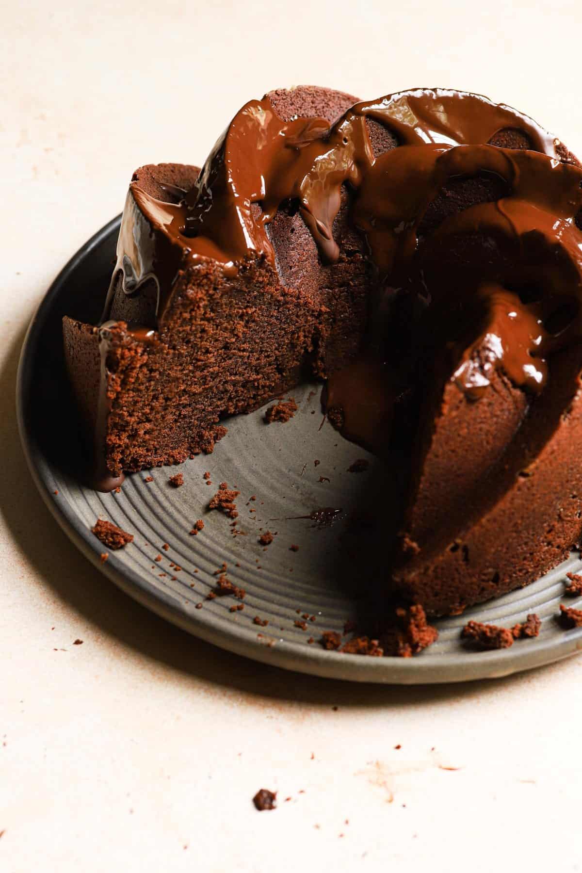 Sliced rich chocolate cake