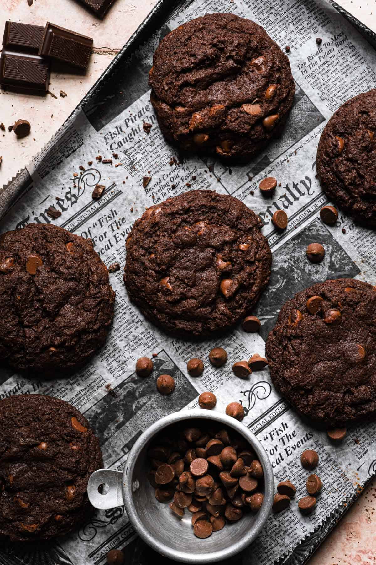 Chocolate drop cookies in a pan