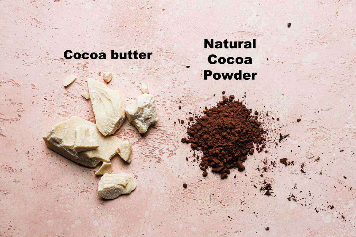 Cocoa butter chunks next to cocoa powder