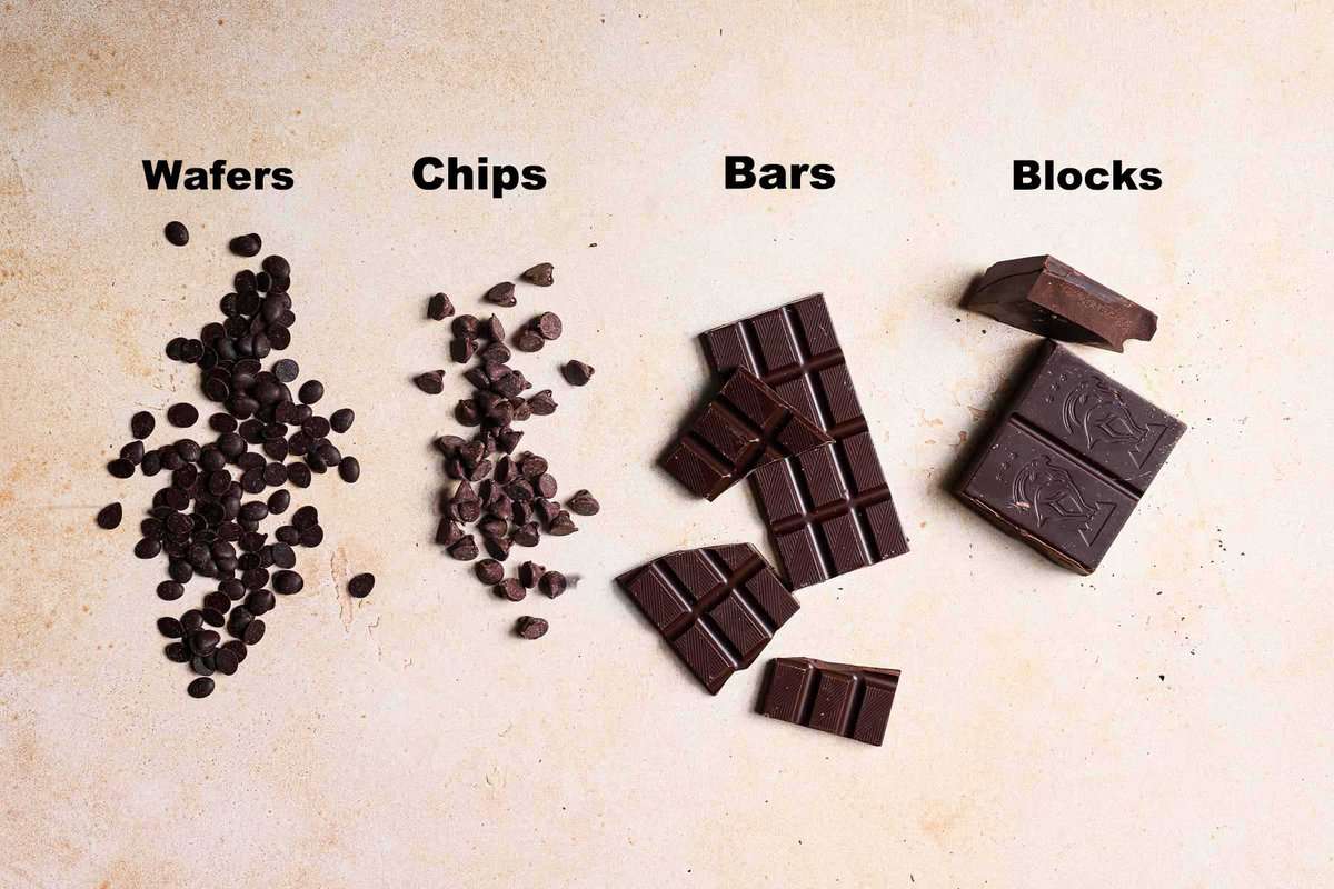 a variety of chocolate: blocks ,bars, chips and wafers