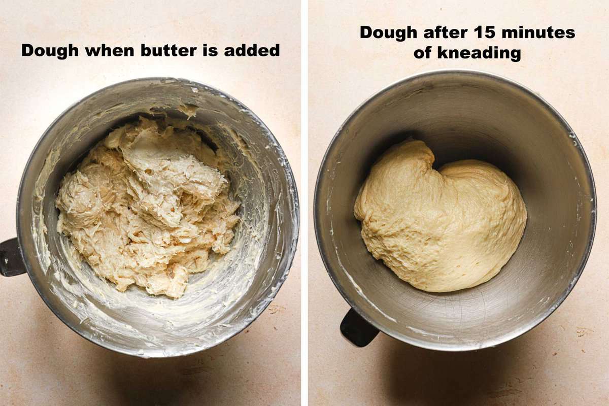 dough before and after kneading.