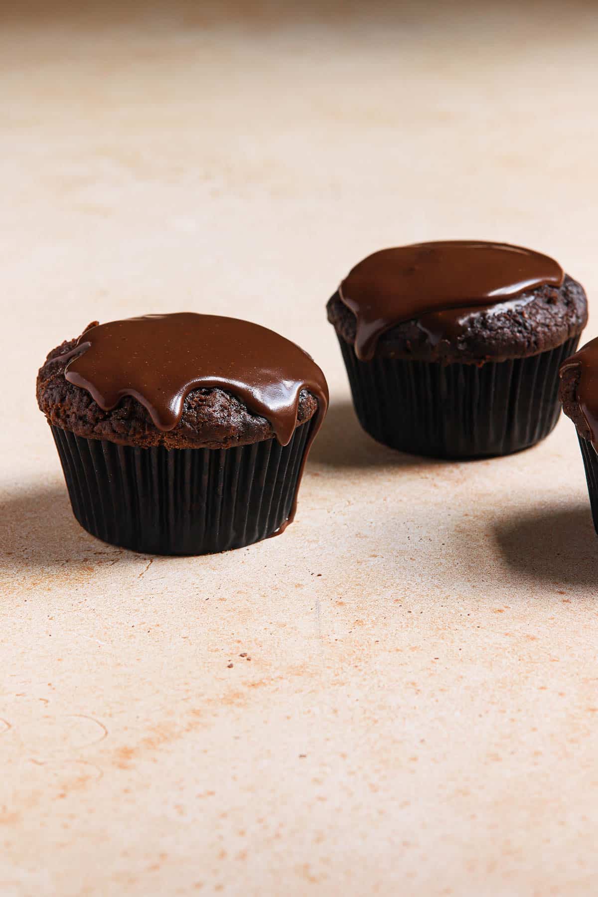 Chocolate cupcakes frosted with chocolate icing.