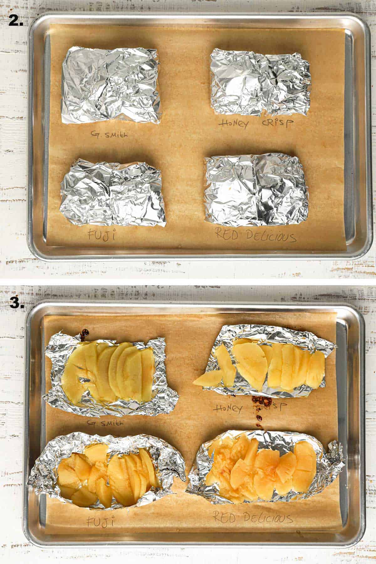 A tray with apples wrap in aluminum foil. 