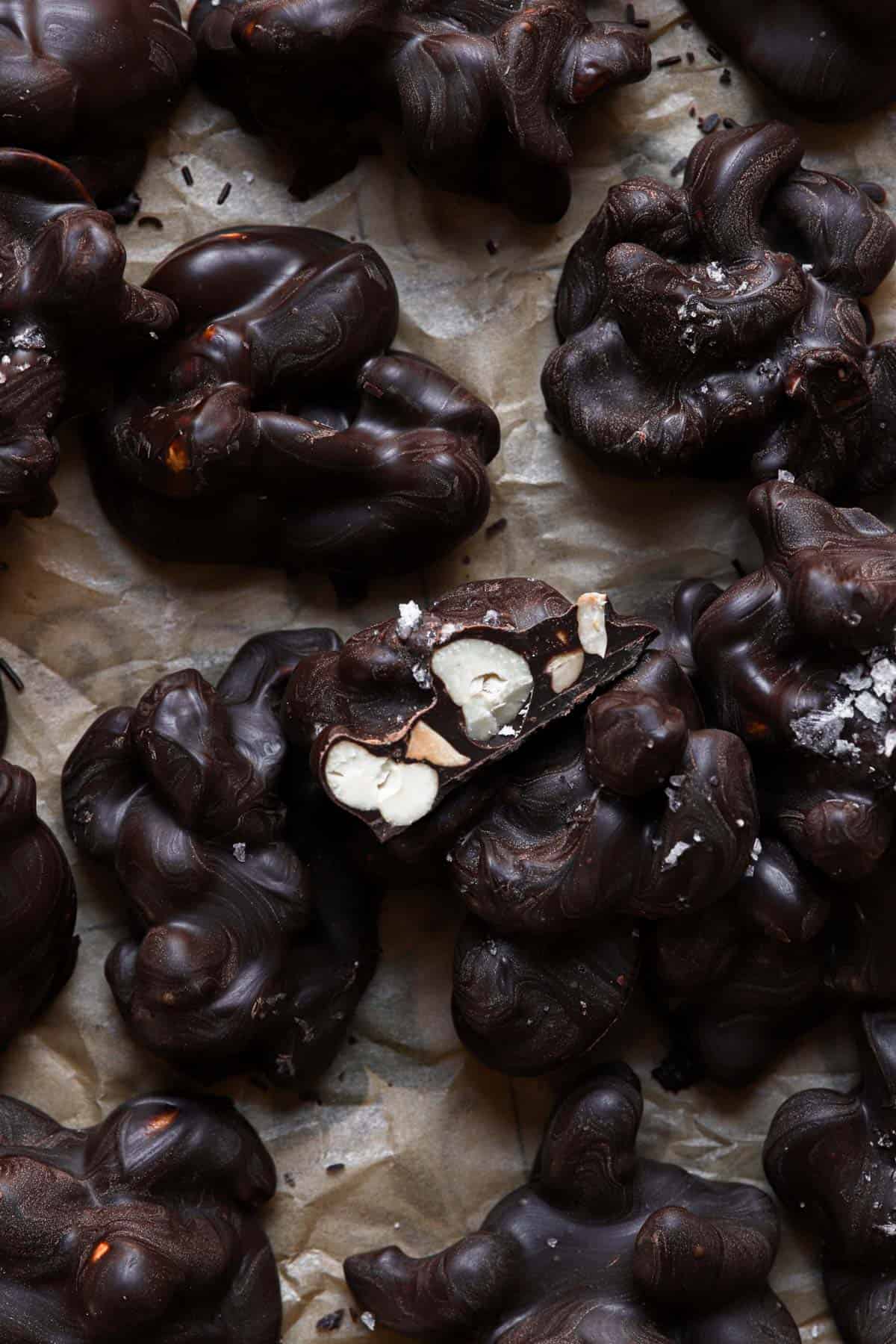 chocolate covered cashews in a pan.
