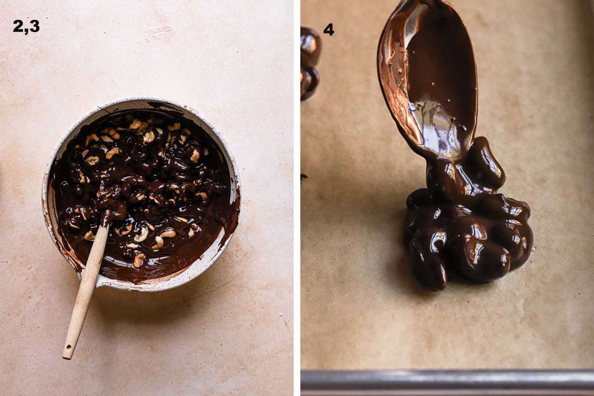 Cashews in a bowl of melted chocolate and a spoon dropping cashew cluster.