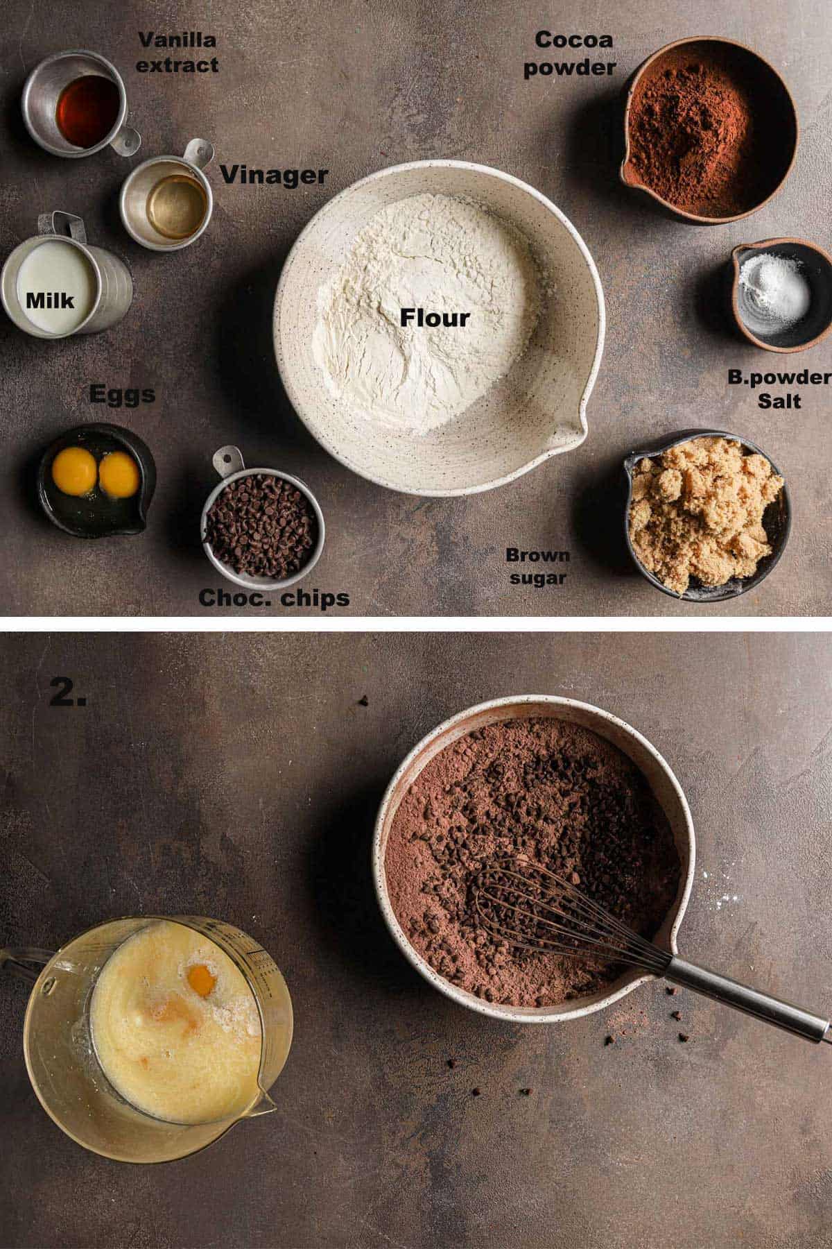 Ingredients and instruction how to make baked chocolate donuts.
