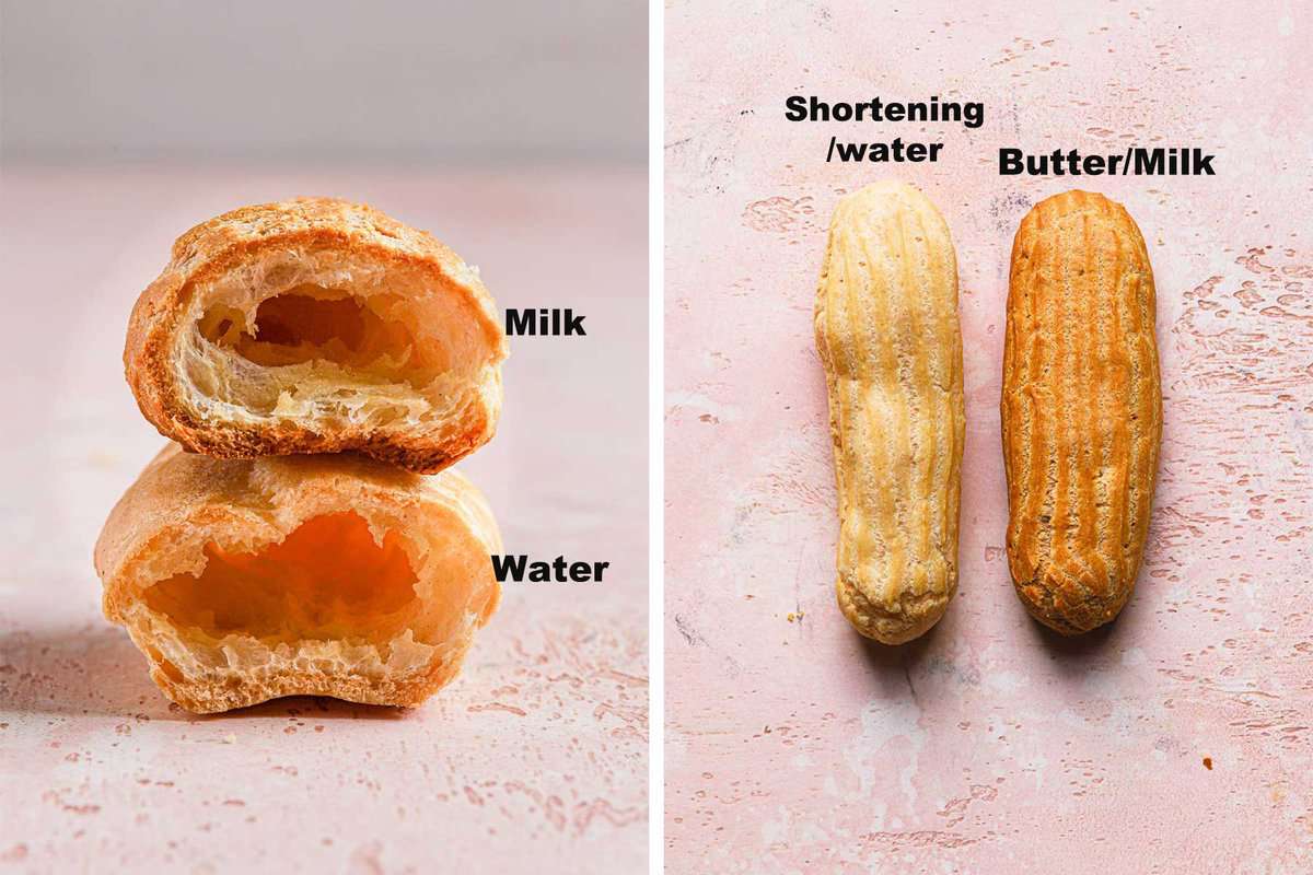 choux pastries baked with milk and butter vs. water and shortening.