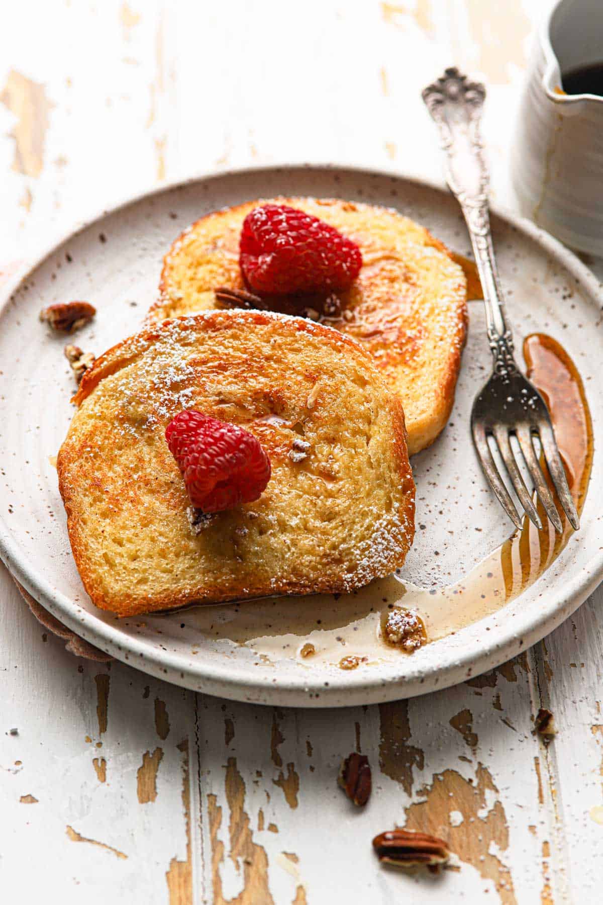 French toast in a plate with a fork