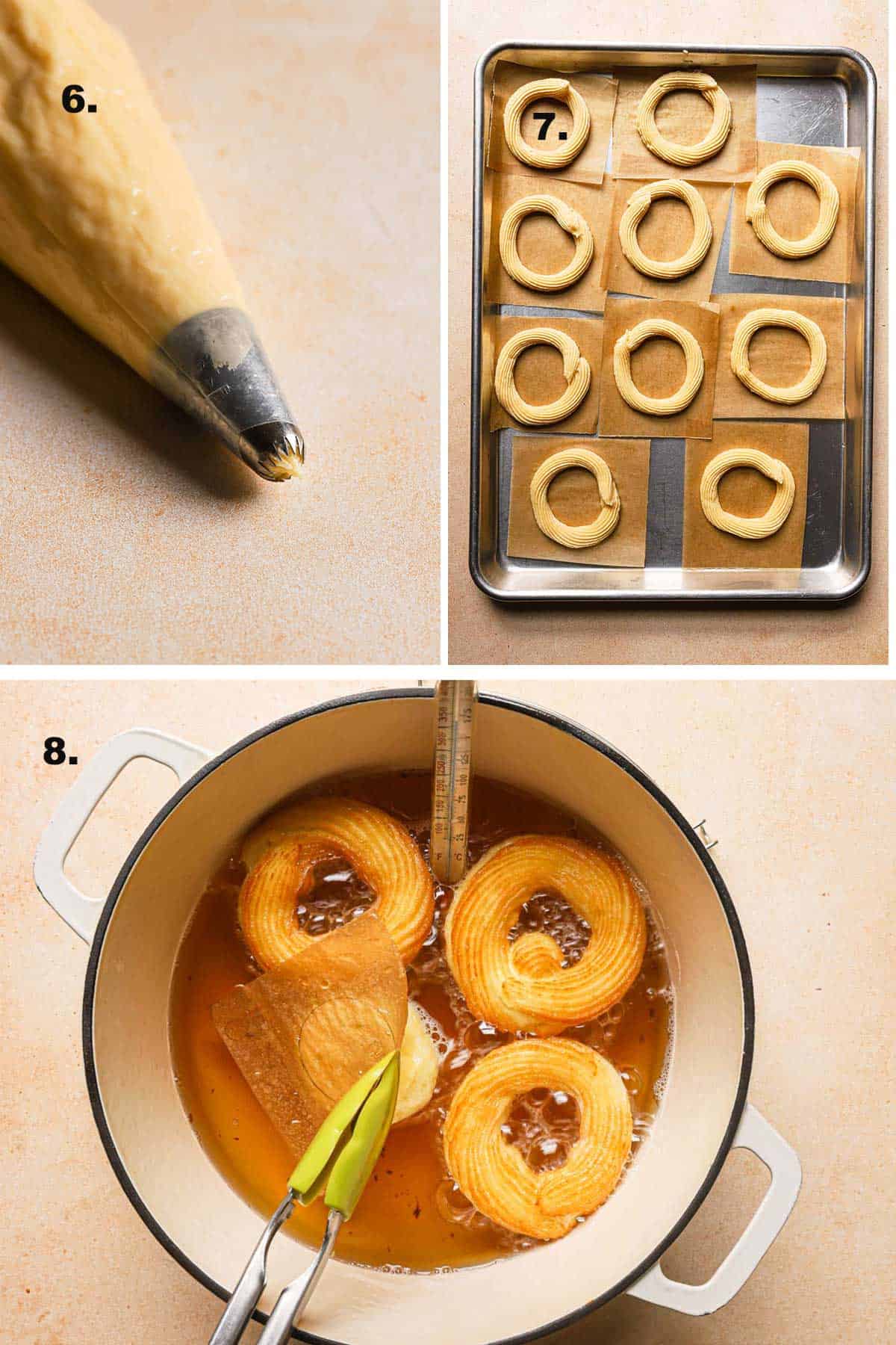 piping and frying french crullers