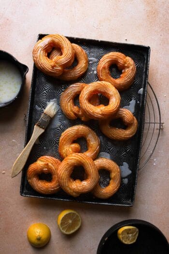 french crullers in a pan