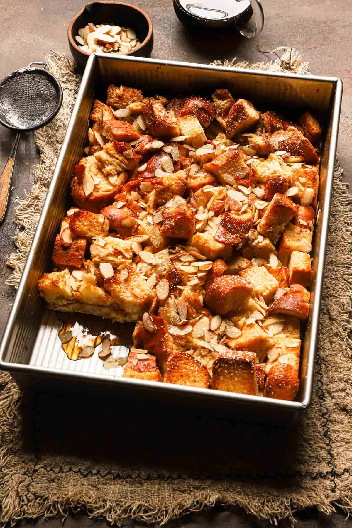 Brioche French toast casserole in a pan