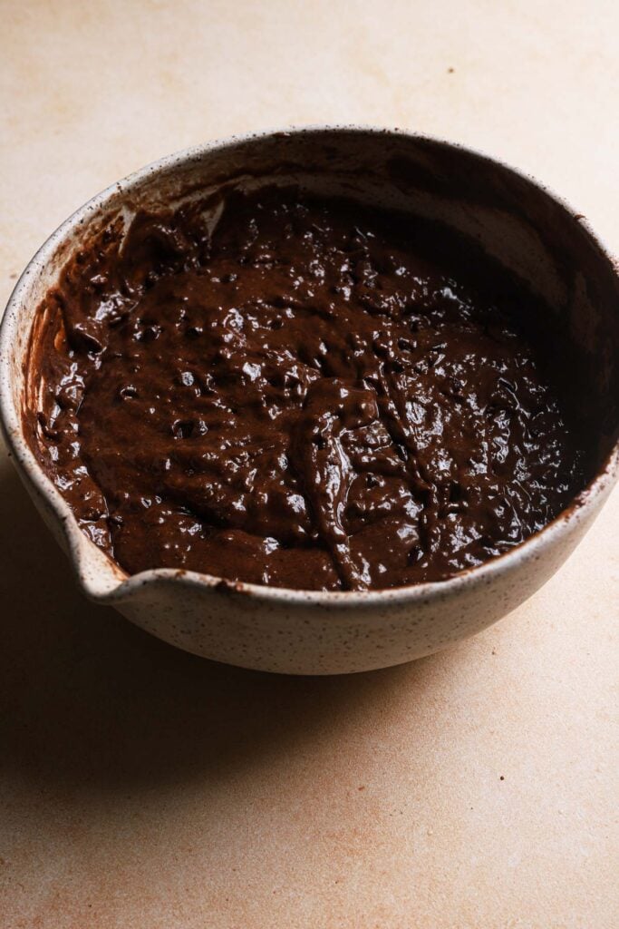 Double chocolate muffin batter in a large bowl.