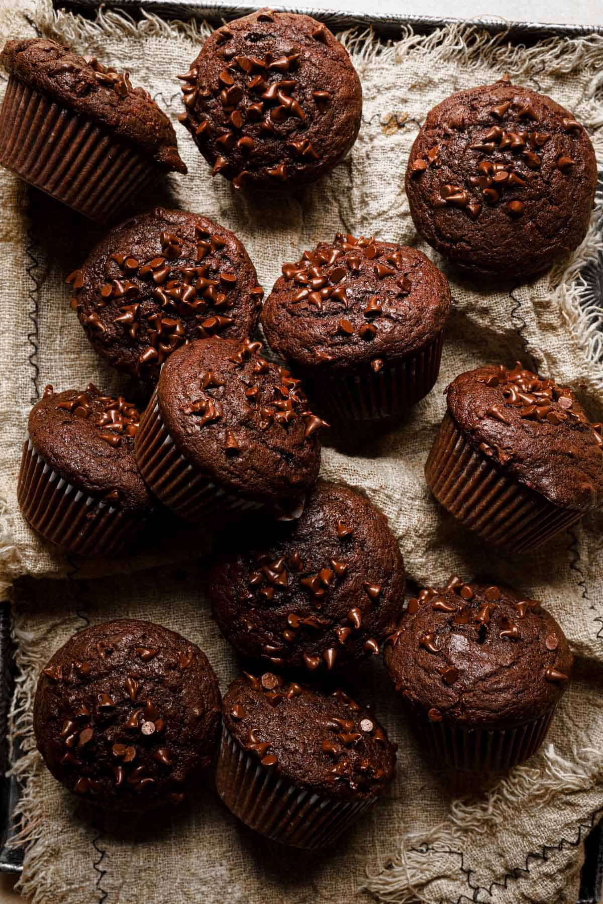 double chocolate muffins over a tray