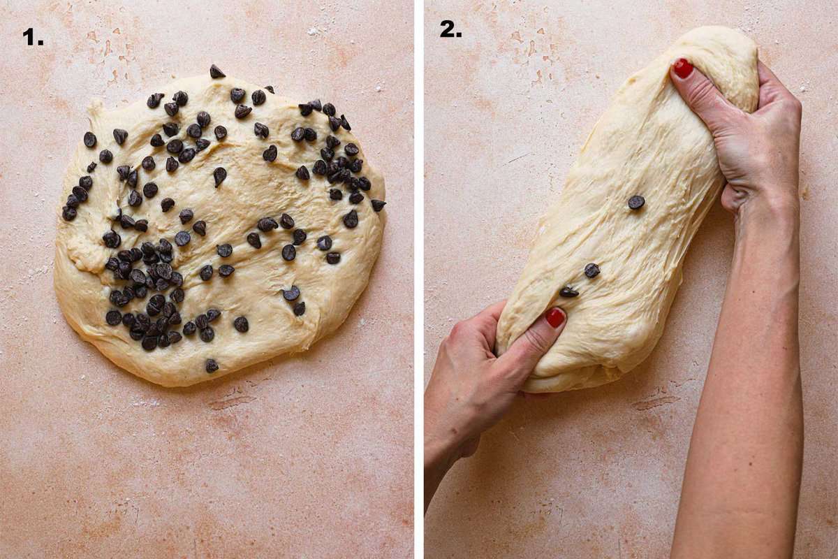 adding chocolate chips to dough